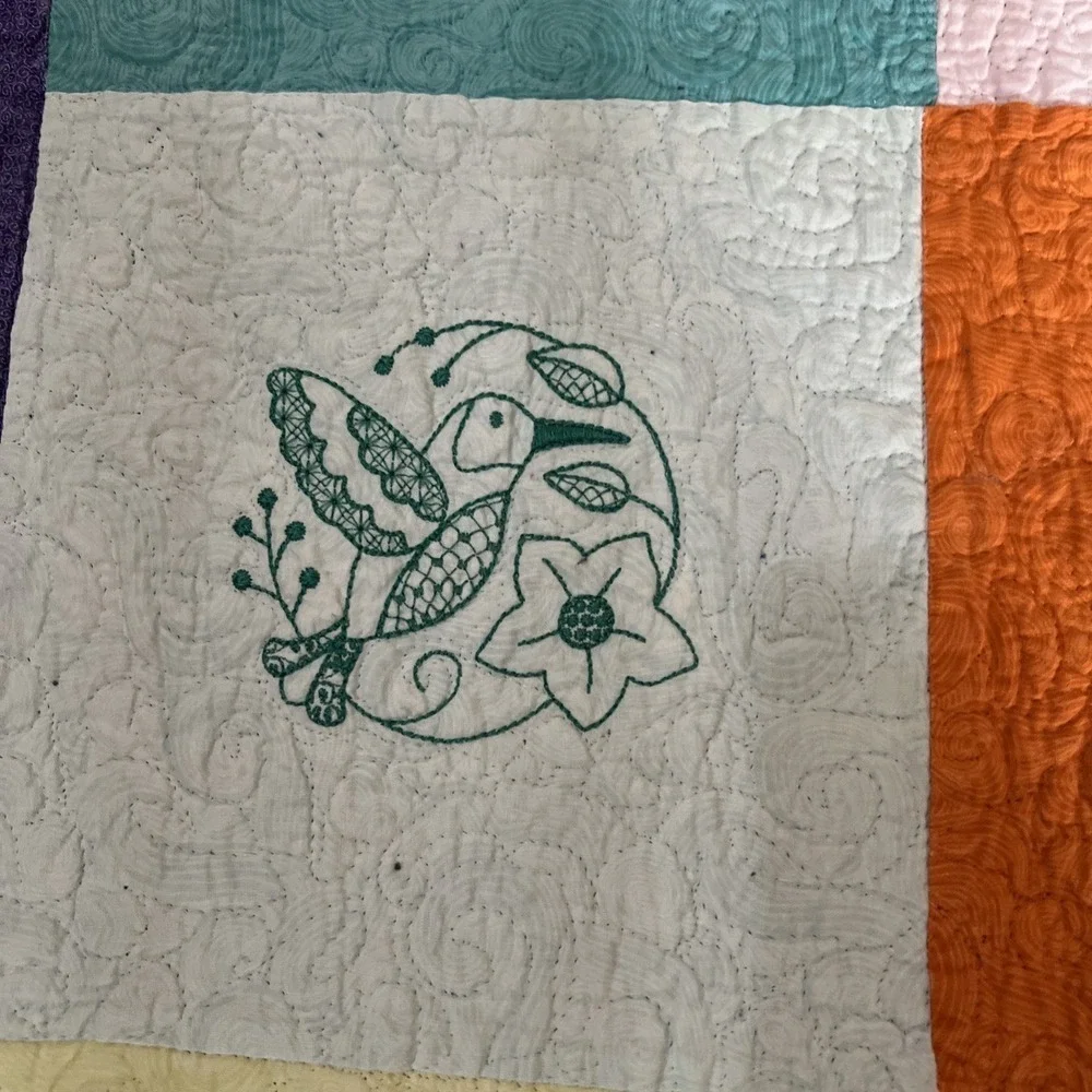 handmade embroidered vintage quilt throw blanket Hummingbirds 53.5